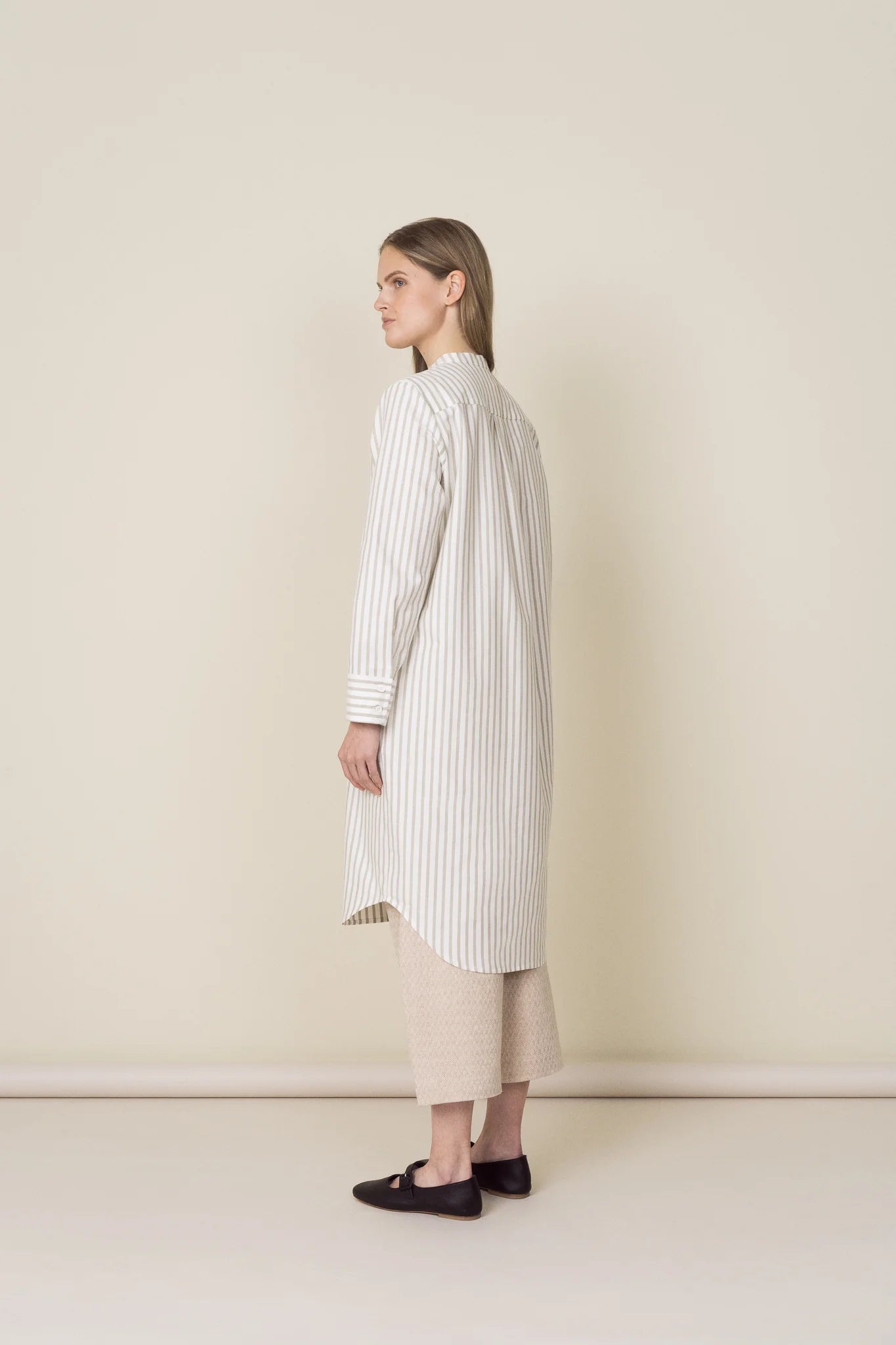 Collarless Oxford Cotton Shirt Dress - Green Stripes