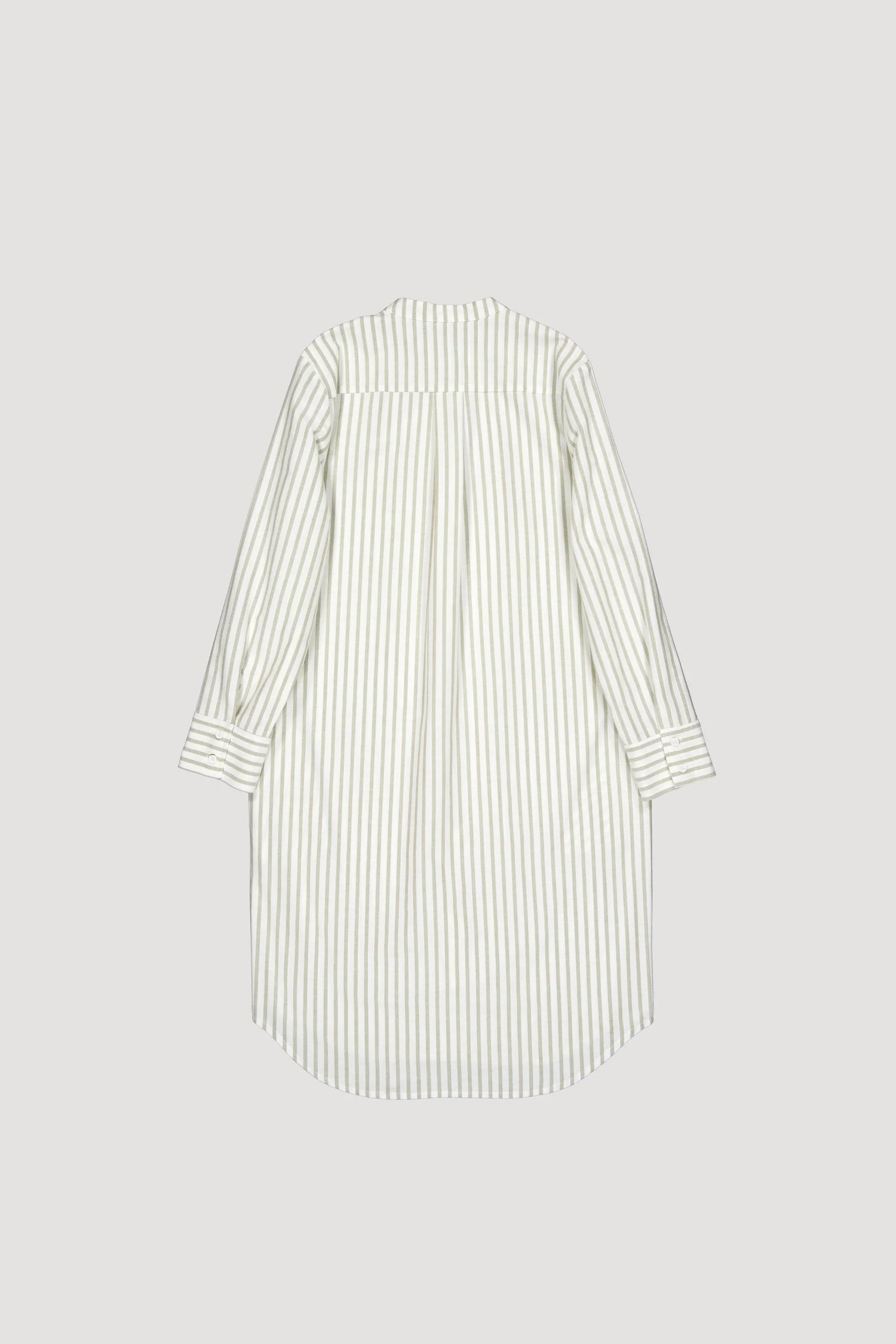 Collarless Oxford Cotton Shirt Dress - Green Stripes