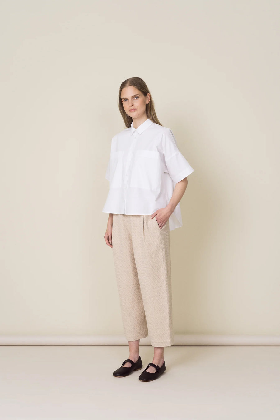 Pleated Pull On Trousers - Beige Herringbone