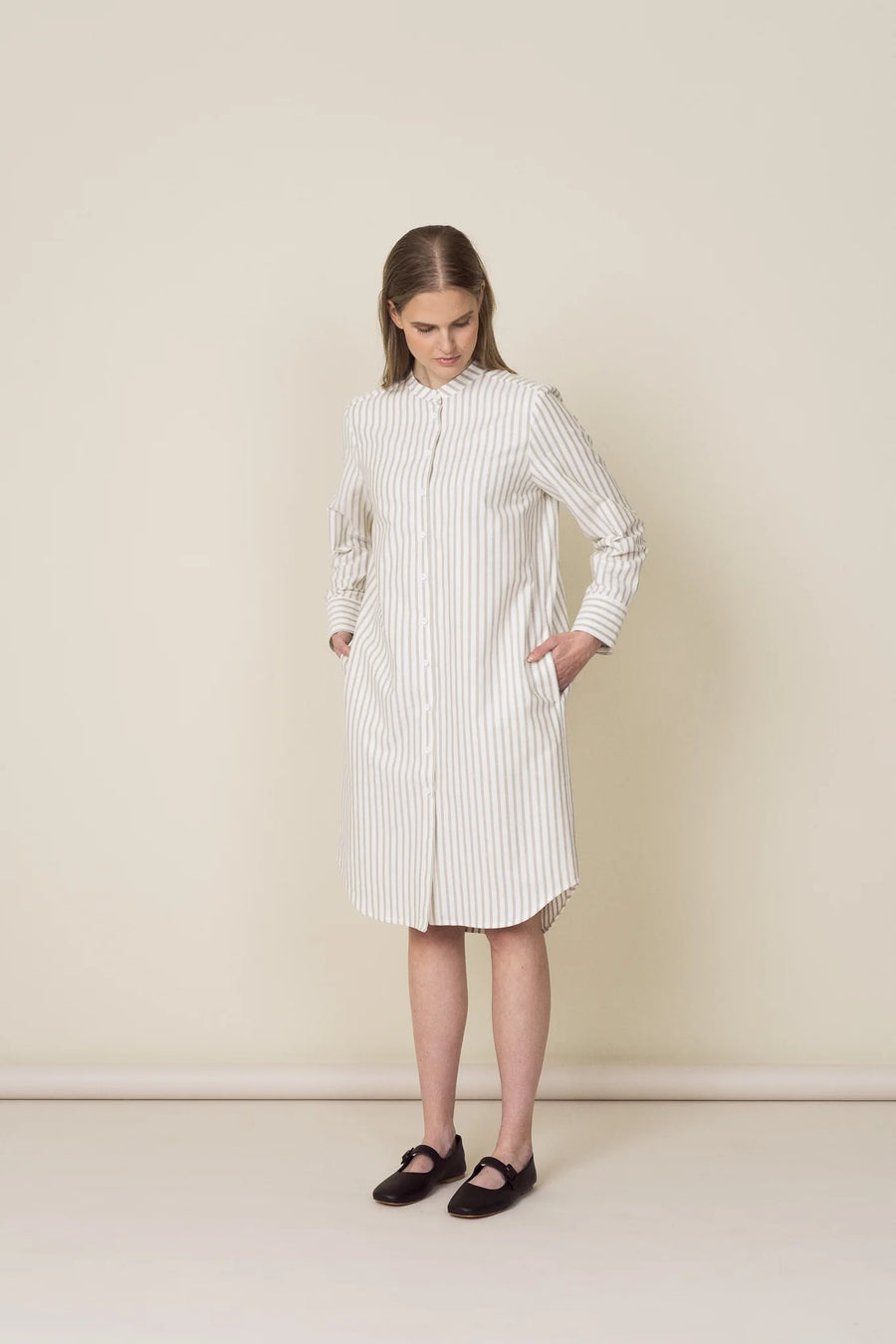 Collarless Oxford Cotton Shirt Dress - Green Stripes
