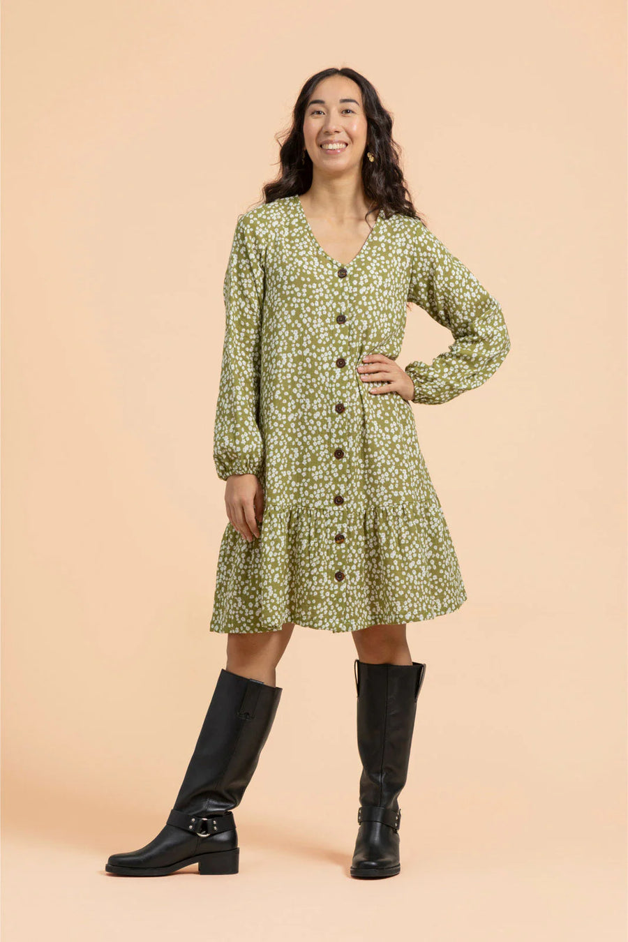 Ruffle Button Dress - Flora Olive