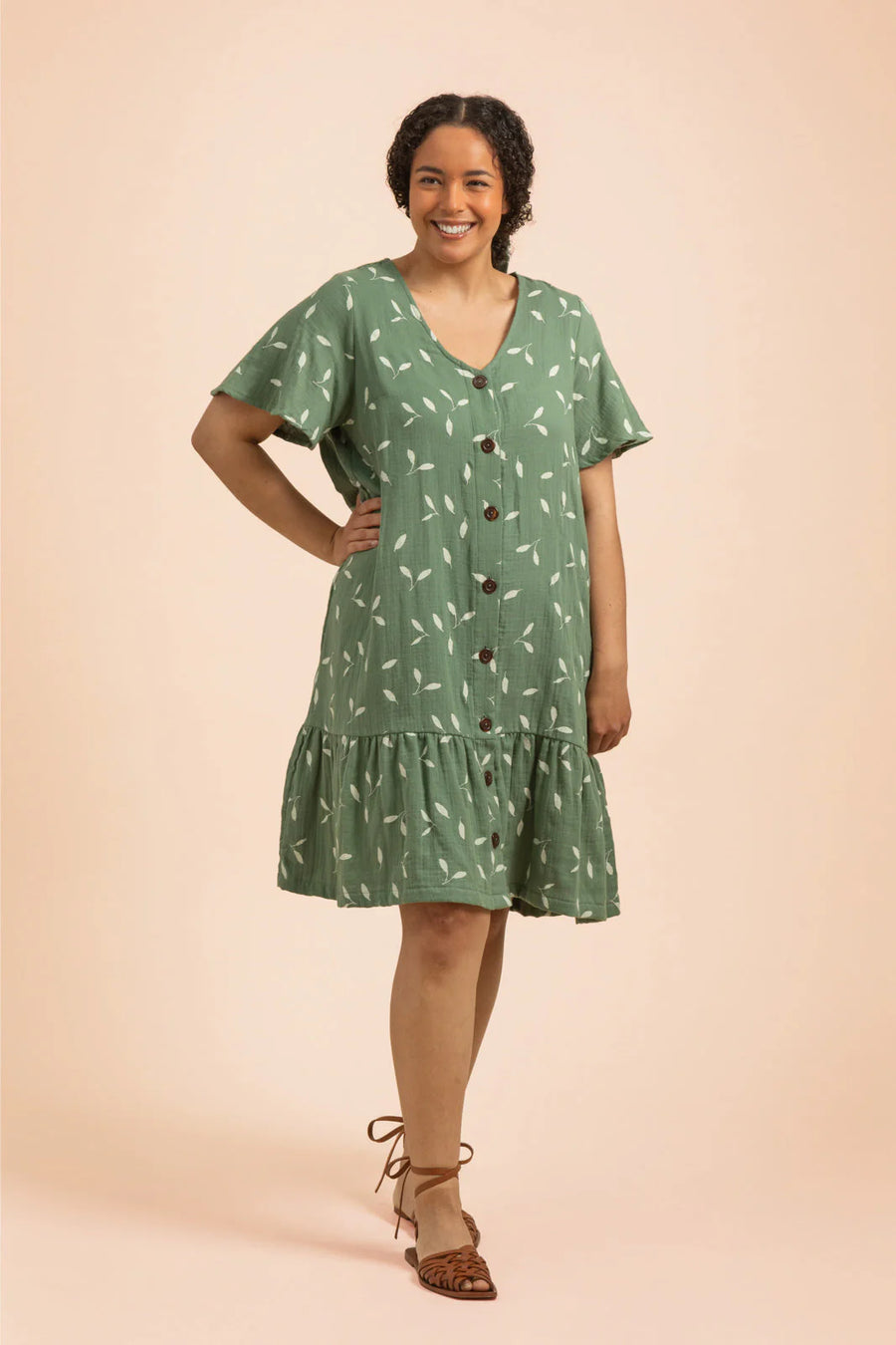 Frill Button Dress - Sage Wind