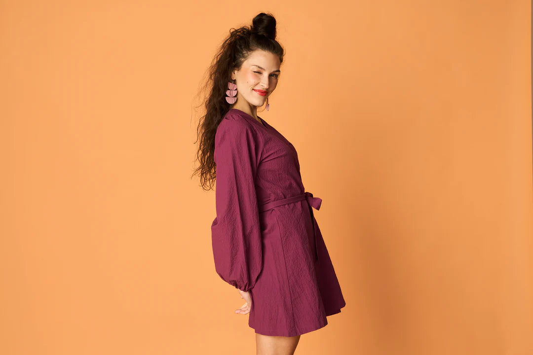 Puff Wrap Dress - Grape Purple