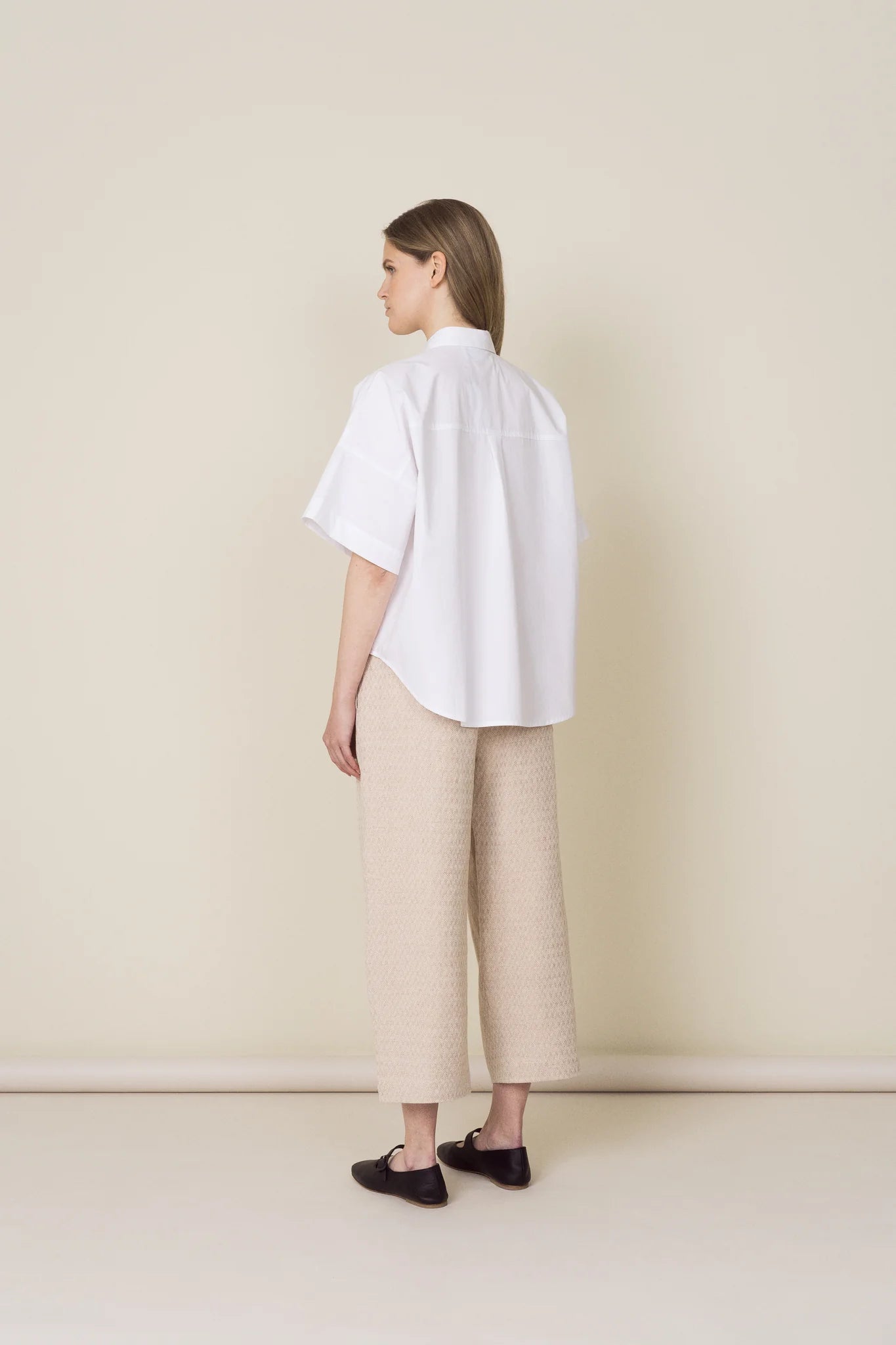 Pleated Pull On Trousers - Beige Herringbone