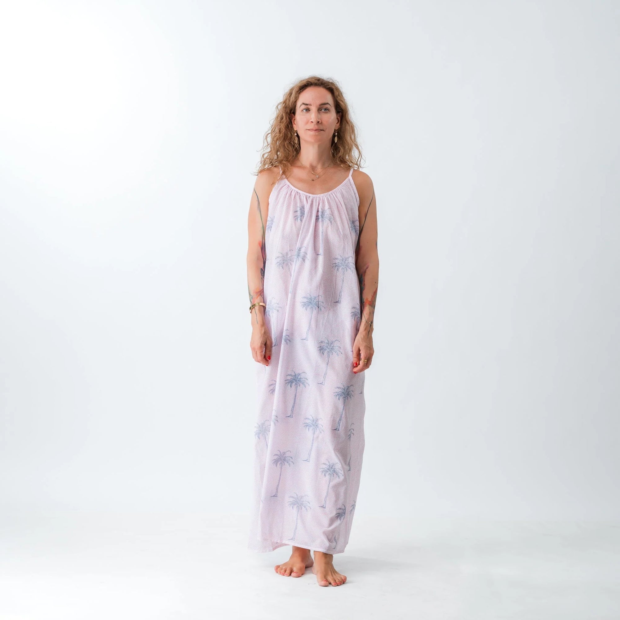 Spaghetti Maxi Dress - Pink Palm Tree