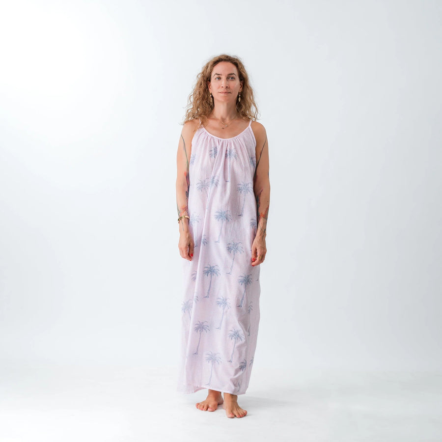 Spaghetti Maxi Dress - Pink Palm Tree