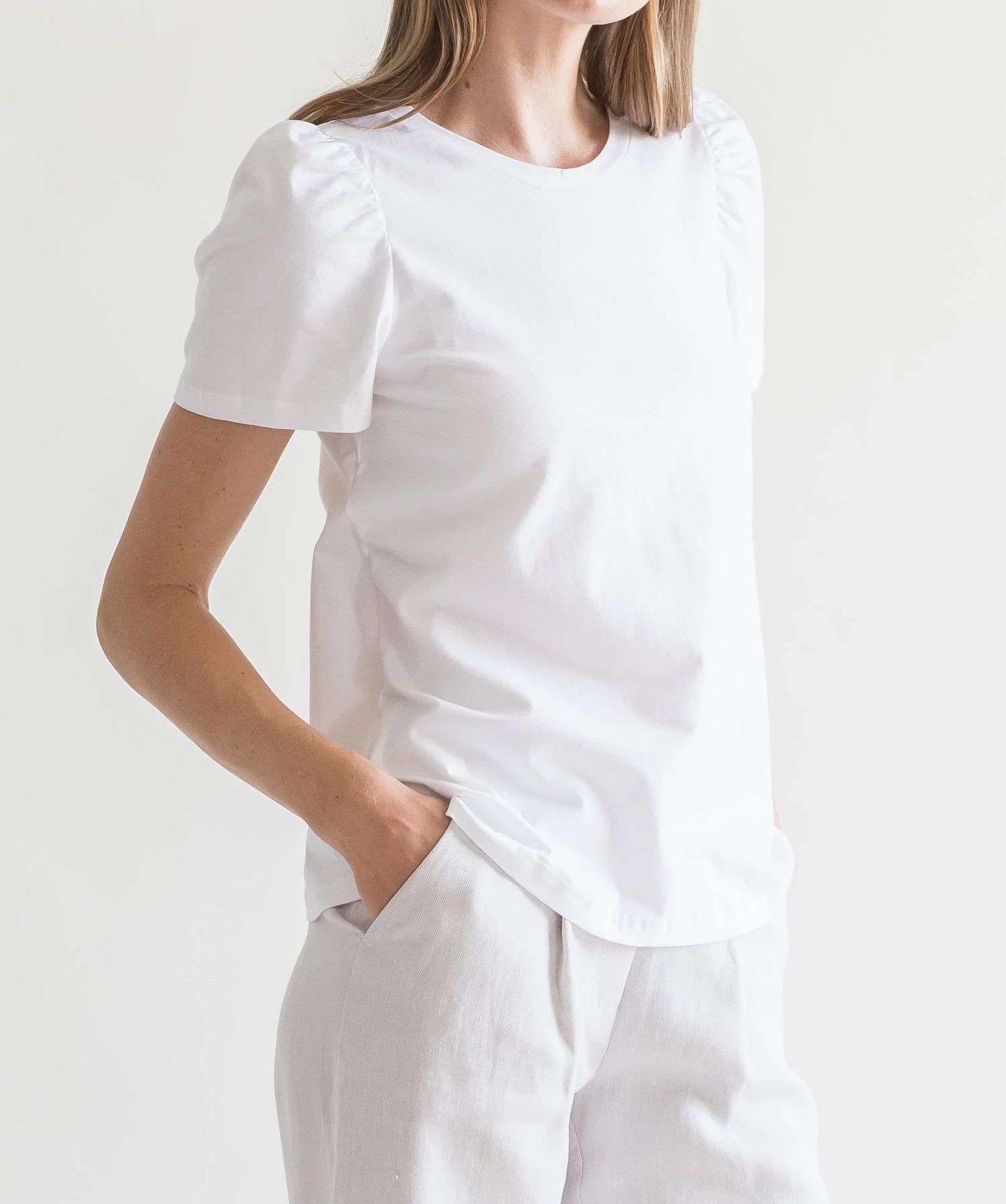 T-Shirt Puff Shoulder White Cotton