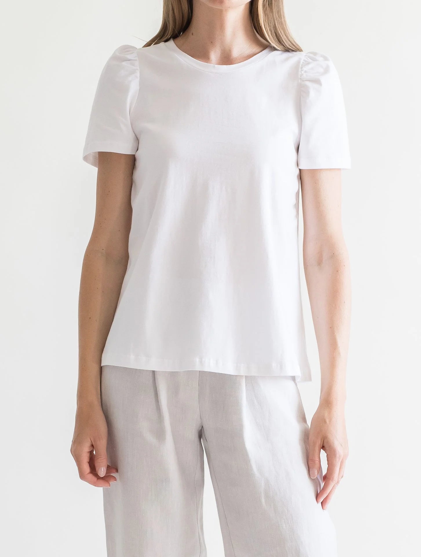 T-Shirt Puff Shoulder White Cotton