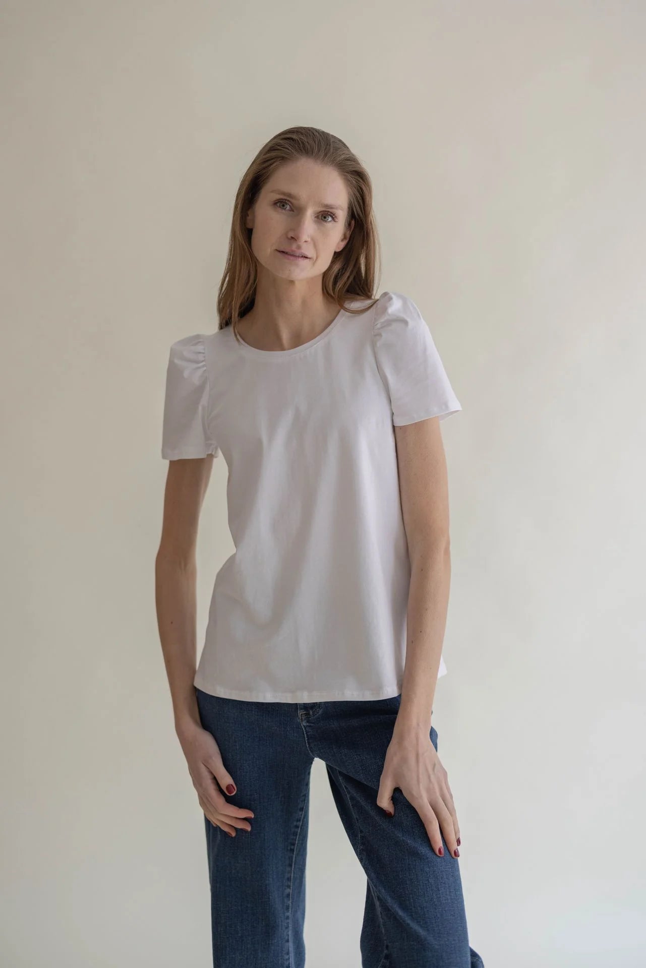 T-Shirt Puff Shoulder White Cotton