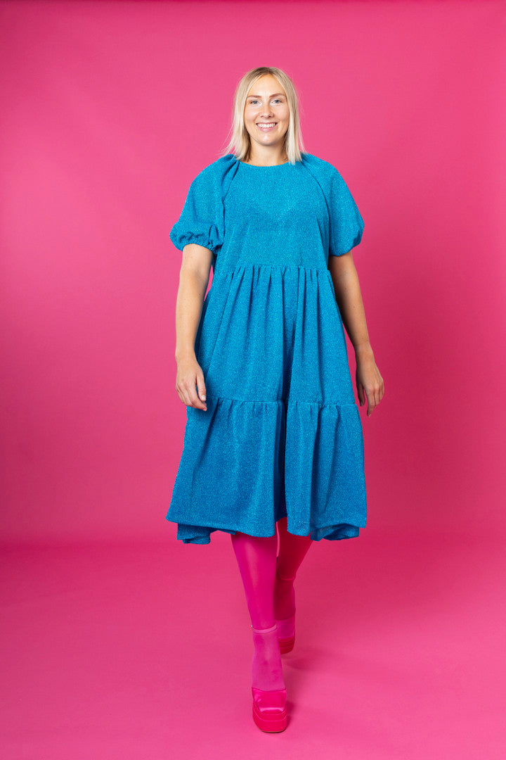 Lush Dress Puhvihihoilla - Glitter Turkoosi M/L