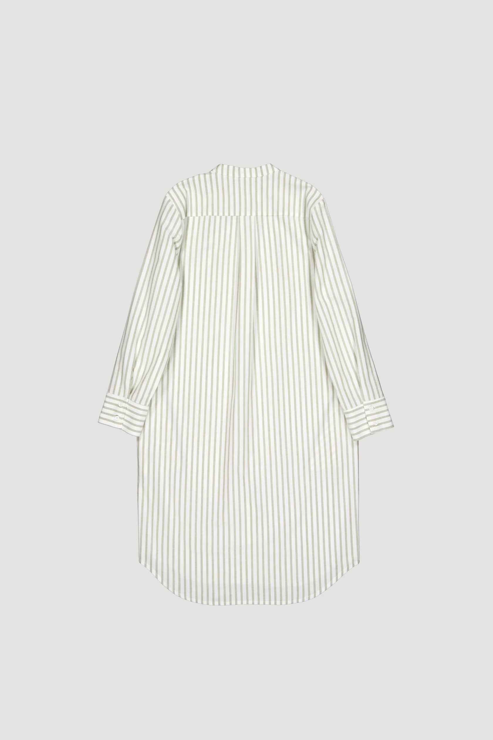 Collarless Oxford Cotton Shirt Dress - Green Stripes