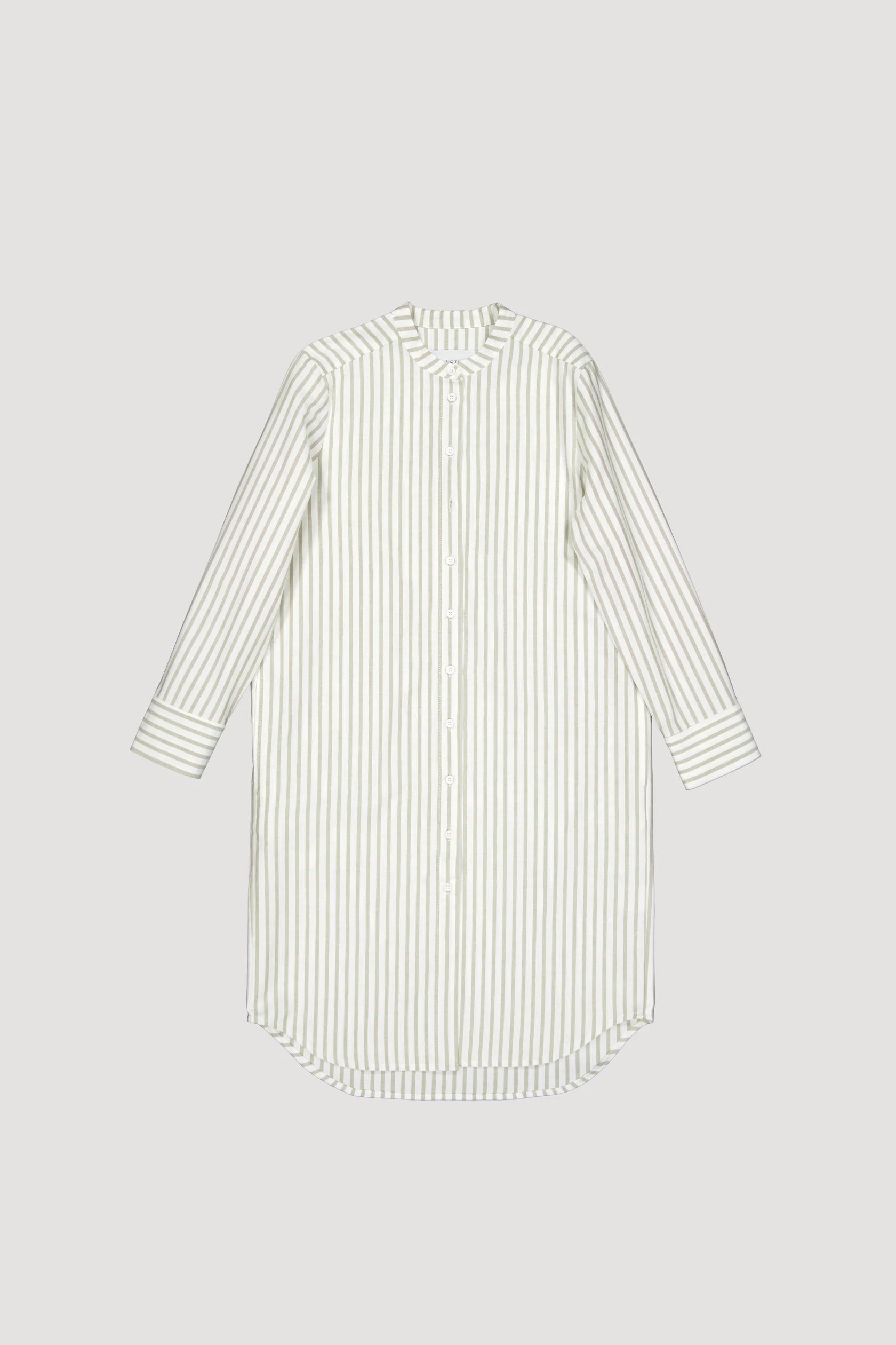 Collarless Oxford Cotton Shirt Dress - Green Stripes