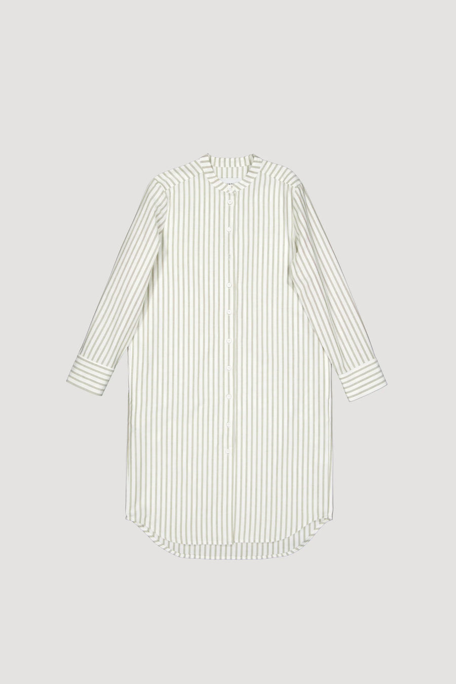 Collarless Oxford Cotton Shirt Dress - Green Stripes
