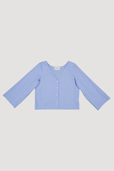 V-neck Poplin Shirt - Light Blue Stripes