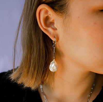 Coin Pearl Earrings with chain - Silver