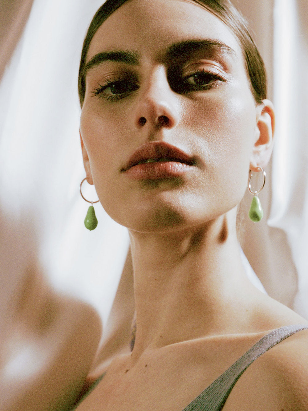 Pear Hoops - Light Green Silver
