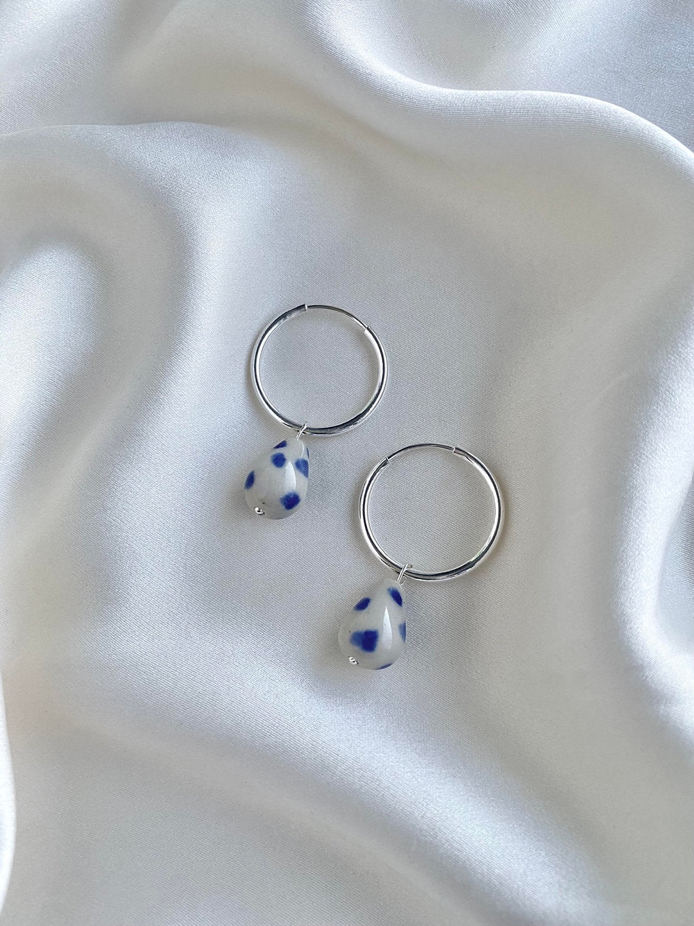 Pear Hoops - Speckled Silver