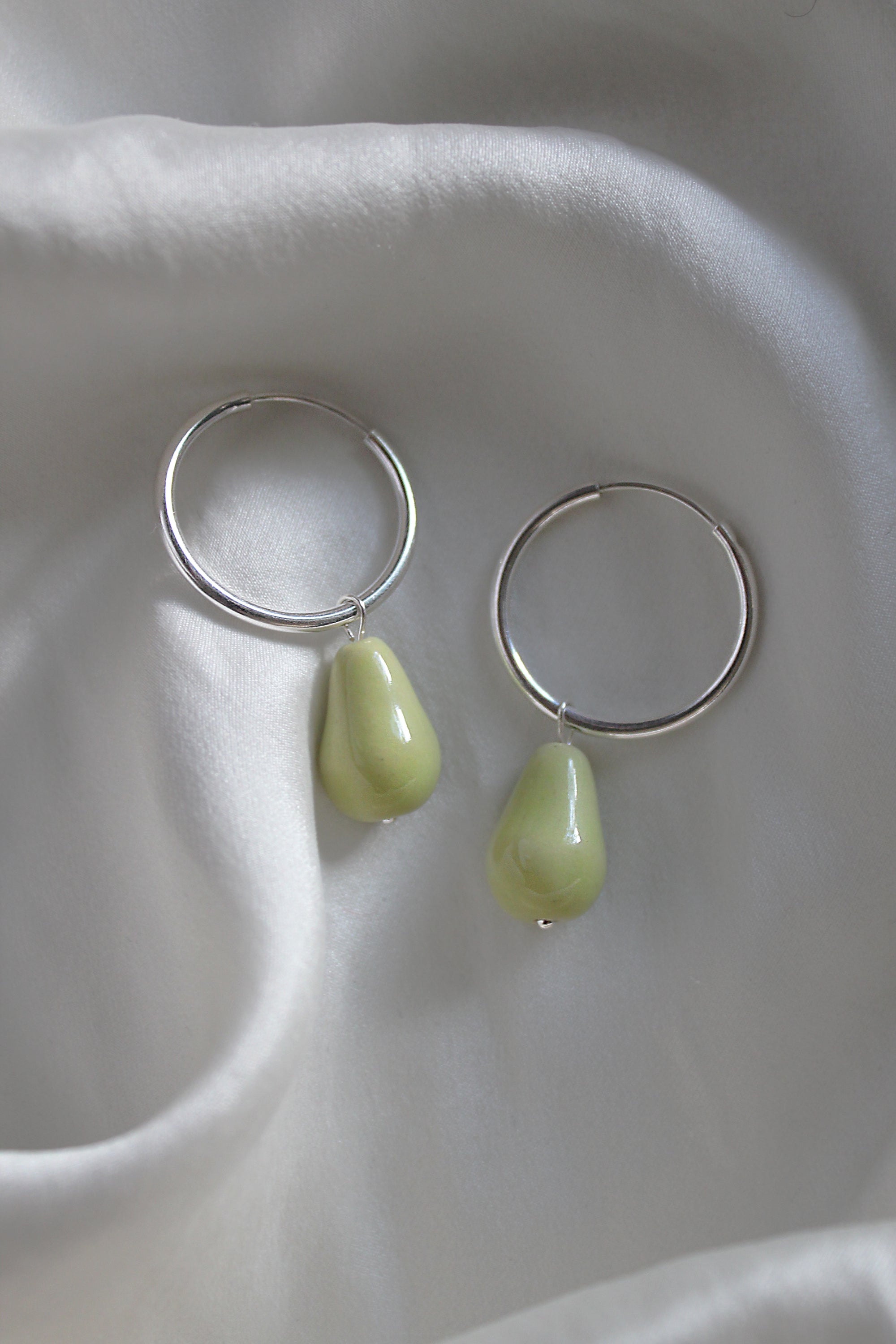 Pear Hoops - Light Green Silver